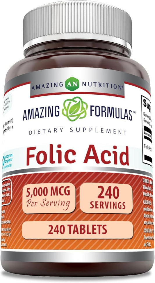 Amazing Formulas Folic Acid Supplement | 5000 Mcg | Tablets | Non-GMO | Gluten Free | Made in USA (240 Count)
