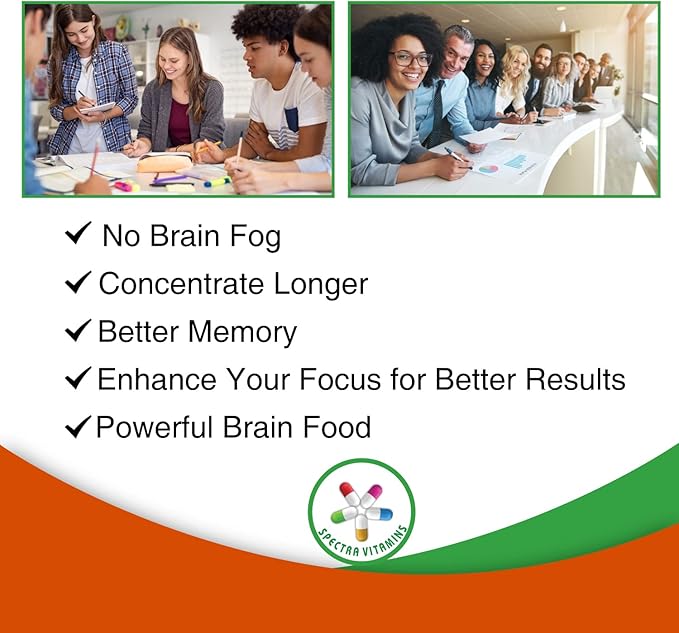 Spectra Vitamins Brain Power, Supports Focus, Nootropics, Improves Memory, Alertness for Men & Women, Ginkgo Biloba, Gotu Kola, 60 Capsules,