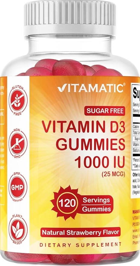 Vitamatic Sugar Free Vitamin D3-120 Pectin Based Gummies - Great Taste - Healthy Bones, Mood & Immune System Function - Non-GMO - 120 Servings (1000 IU)