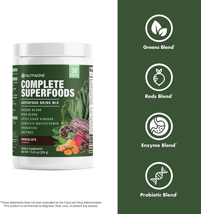 Complete Superfoods, Greens & Reds Blend*, Apple Cider Vinegar, Digestive Enzyme Blend*, Probiotic Blend*, Multivitamin* (Chocolate - 30 Servings)