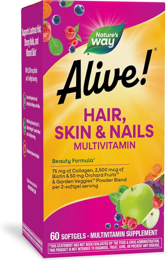 Nature's Way Alive! Hair, Skin & Nails Multivitamin with Biotin and Collagen, 60 Softgels