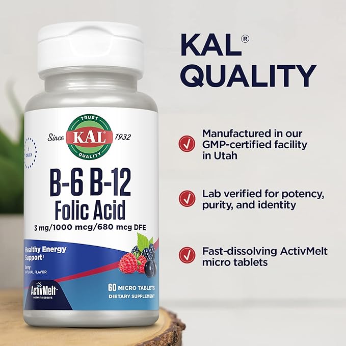 KAL Vitamin B-6, B-12 & Folic Acid Supplement, Heart Health, Energy & Red Blood Cell Support*, with Vitamin B12 Methylcobalamin & Folate, Natural Berry Flavor, 60 Servings, 60 ActivMelt Micro Tablets