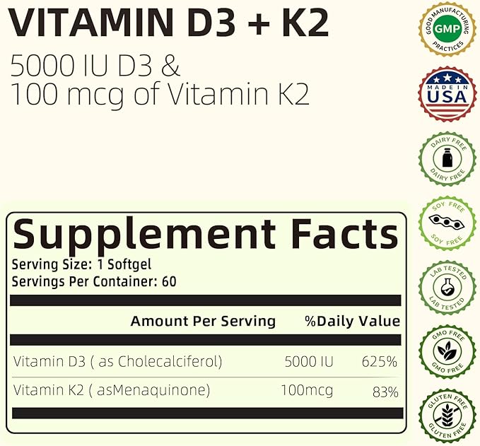 Vitamin D3 K2, Vitamin D3 5000 IU (125 mcg) + Vitamin K2 100 mcg, 2 in 1 D3 and K2 Supplements for Bone, Teeth, Muscle and Immune Health Support, 60 Softgels