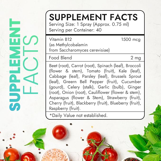 Vitamin B12 Liquid Spray | Vitamin B12 for Energy Support | Vegan | Non-GMO | Gluten Free | 40 Sprays | 1500 mcg per Spray | Raspberry Flavor | 1 fl Oz