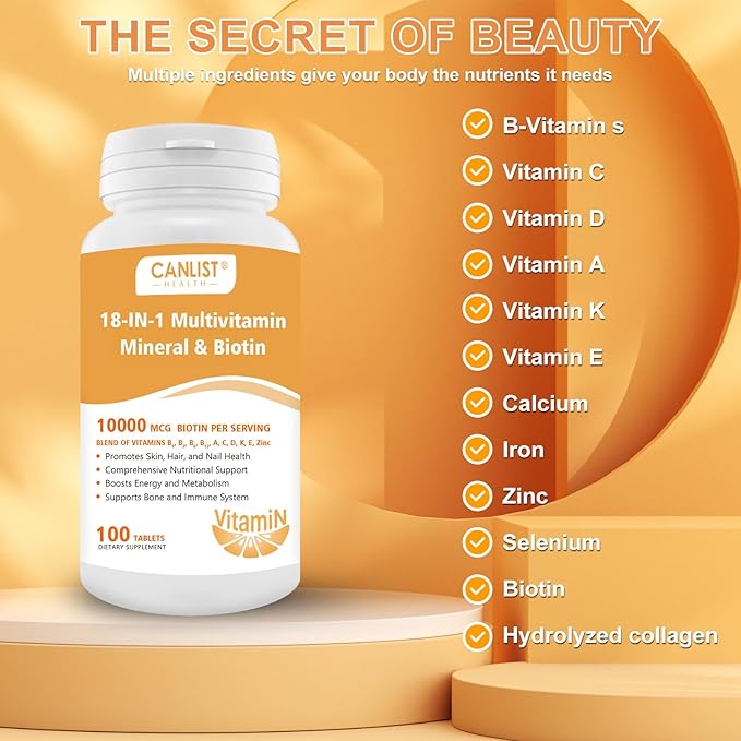Hair Skin and Nails Multi-Vitamin for Men & Women, 10000mcg Biotin & Multimineral, Contains B-Vitamins, Vitamins C, E & D3, Trace Minerals, Zinc, Gluten-Free, Dairy-Free, Soy-Free, 100 Tablets