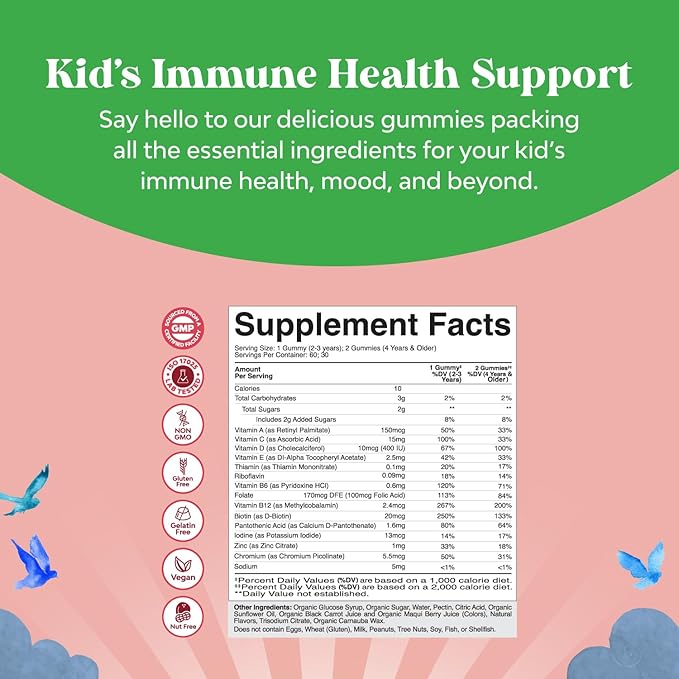 USDA Organic Kids Multivitamin Gummies - Multivitamin for Kids Immune Support with Vitamins A, C, D3, E, B6 & B12, Zinc & Iodine - Children's Vitamins Chewable Formula for Strong Health - 60 Count