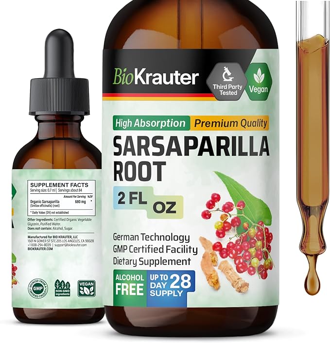 BIO KRAUTER Sarsaparilla Root Tincture - Herbal Liquid Extract Supplement for Liver Support - Alcohol & Sugar Free Vegan Drops 2 Fl.Oz.