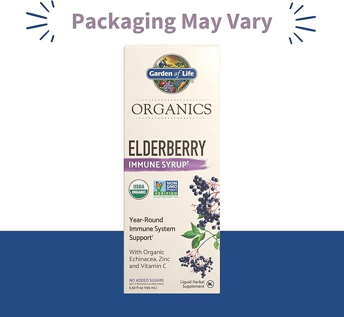 Garden of Life Organics Plant-Based Elderberry Immune Syrup 6.59 fl oz (195 Ml) for Kids & Adults: Sambucus, Echinacea, Zinc & Vitamin C, 0g Sugar, Organic Vegan Gluten Free Herbal Supplement