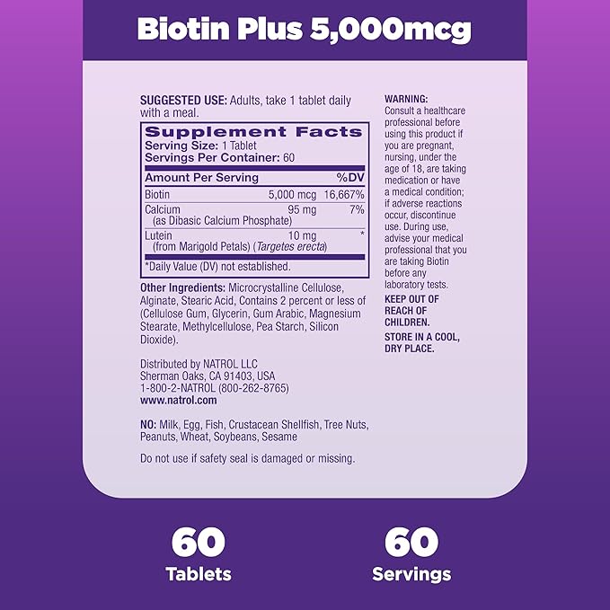 Natrol Beauty Biotin Plus Lutein 5,000 mcg, Dietary Supplement to Support Healthy Hair, Skin and Nails, 60 Beauty Tablets for Adults, 60 Day Supply