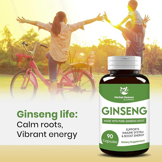Herbal Heaven Natural Energy and Focus Ginseng Capsules 90 Count for Vitality and Wellness - 100% Herbal Formula