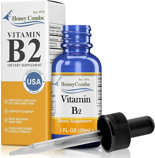 HoneyCombs Vitamin B2 Riboflavin Supplement Liquid Drops - High Potency Vitamin B2 for Men & Women - Maintain Healthy Digestion, Nervous System, Hair, Skin, Nails - Vegan Liquid Vitamins (1 Fl oz)