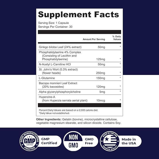 MemoForce - Natural Supplement with Ginkgo Biloba, Bacopa Monnieri for Brain & Memory Support | Non-GMO, Stimulant-Fre | Made in The USA, GMP-Certified | 30 Capsules - 2 Month Supply