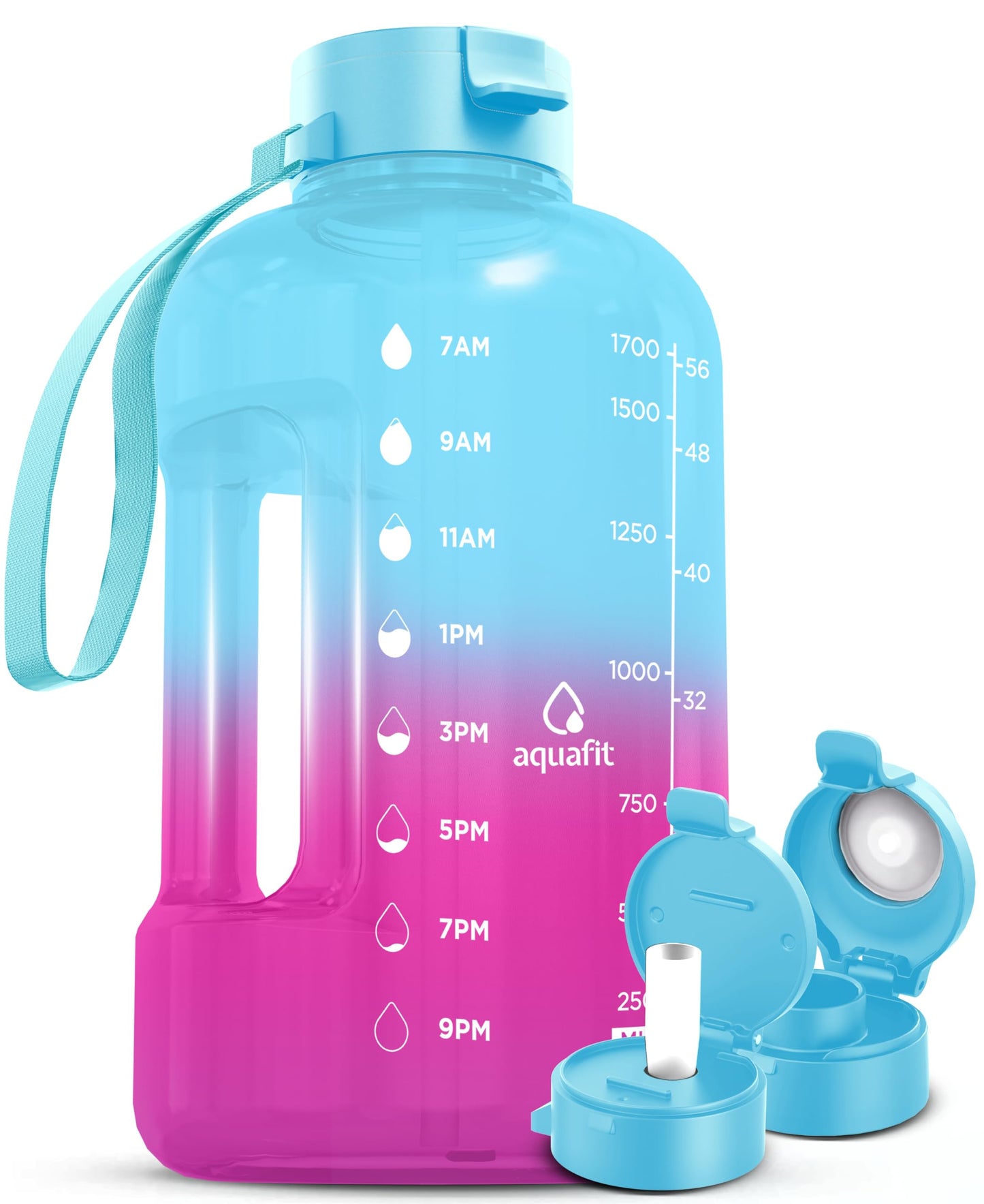 AQUAFIT 64 oz Water Bottle with Time Marker - Straw & Chug Lid - BPA Free Half Gallon Water Bottle, Big Water Bottle with Straw - Gym Water Bottle with Handle, Gallon Water Jug (Pink-Ice, 64 oz)