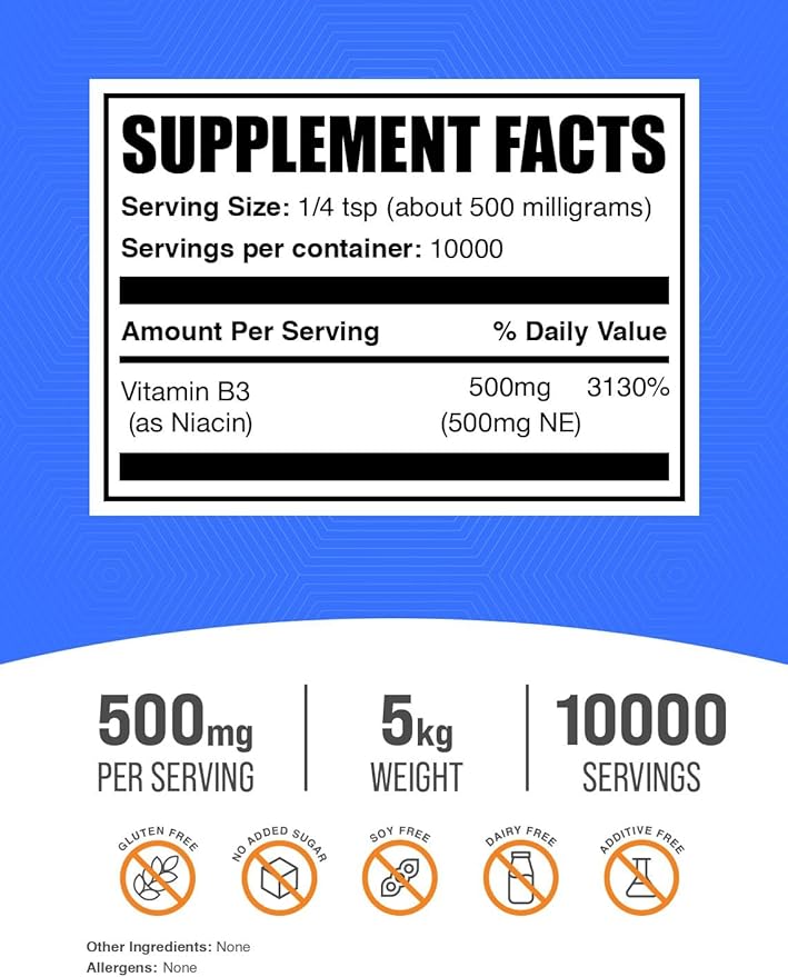 BulkSupplements.com Niacin Powder - Vitamin B3 Supplement, Niacin 500mg - Niacin Flush, Niacin with Flushing - Gluten Free, 500mg of Niacin per Serving, 5kg (11 lbs) (Pack of 5)