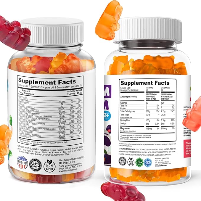 DR. MORITZ Kids Magnesium Gummies Orange Flavor (120 Count) and Kids Multivitamin Gummies (120 Count) - Relaxation & Health Support - Non-GMO, Vegetarian Toddler Vitamins