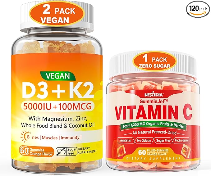 2 Pack Vegan Vitamin D3 5000IU K2 Gummies+ 1 Pack Whole Food Vitamin C Gummies