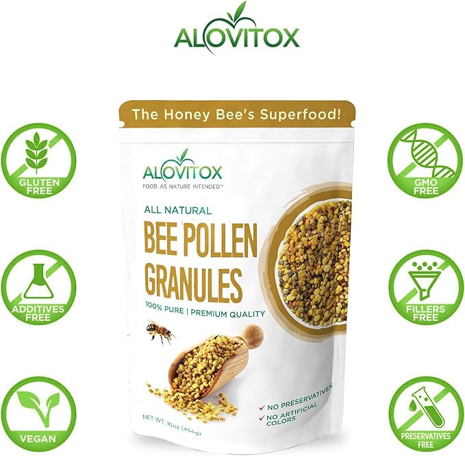 Alovitox Bee Pollen Granules 16 Oz | 100% Pure, Fresh Raw Bee Pollen | Superfood Packed Bee Pollen with Antioxidant, Protein, Vitamins & More | Nutritional Yeast & Gluten Free