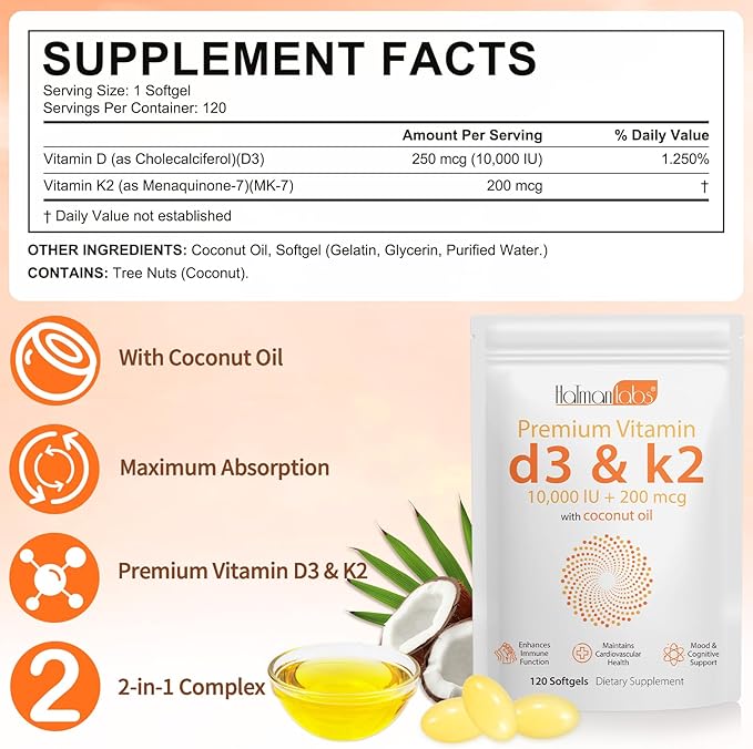 Vitamin D3 K2 Supplement Softgel, Vitamin D3 K2 Softgel with 10000 IU Supports Immune, Heart, Teeth & Bone Health, Free of GMO, Gluten, Soy