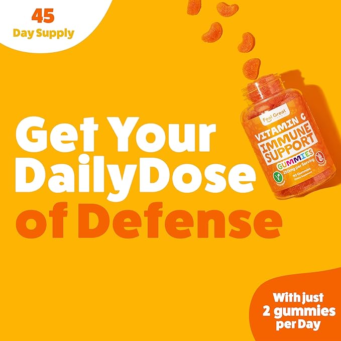 Vitamin C Gummies for Adults & Kids by Feel Great Vitamin Co. | 90 Orange Flavored Gummies | Immunity Support, Plant-Based Fruit Pectin