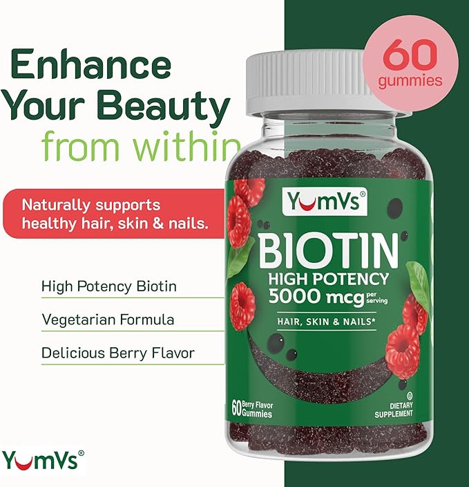 YumVs Biotin Gummies 5000mcg - Luscious Raspberry Flavor - Thicker Faster Hair Growth Gummies for Women or Men - Hair, Skin & Nails Vitamins - Hair Gummies - Vegetarian Biotin Supplement (60 Count)