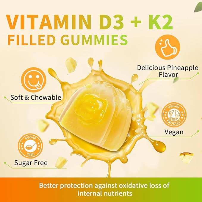 Vitamin D3 K2 Filled Gummies, Vitamin D3 10000IU, K2 (MK-7) 200mcg, Sugar Free K2 D3 Vitamin Supplement with Omega-3, Calcium, Magnesium, Zinc for Muscle, Bones & Immune Support, 1 Pack