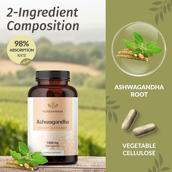 HERBAMAMA Ashwagandha Capsules - 1500mg Pure Ashwagandha Root for Relaxation & Mood Support - Vegan, Non-GMO Focus & Calming Supplement for Adults, 250 Caps