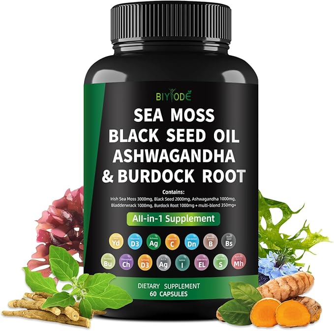 Sea Moss Capsules: Sea Moss Black Seed Ashwagandha Bladderwrack Burdock Root Multi-Blend Vitamin D3 C Vitamin 60 Capsules 30 Day Supply