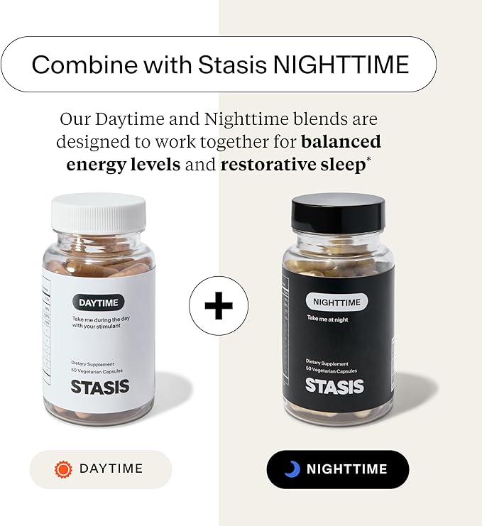 Stasis Daytime Energy & Focus Supplement to Pair with Your Stimulant - New & Improved Formula for All-Day Energy, Mood & Brain Support - Nootropics with Added CoQ10 & Rhodiola Rosea (25 Servings)