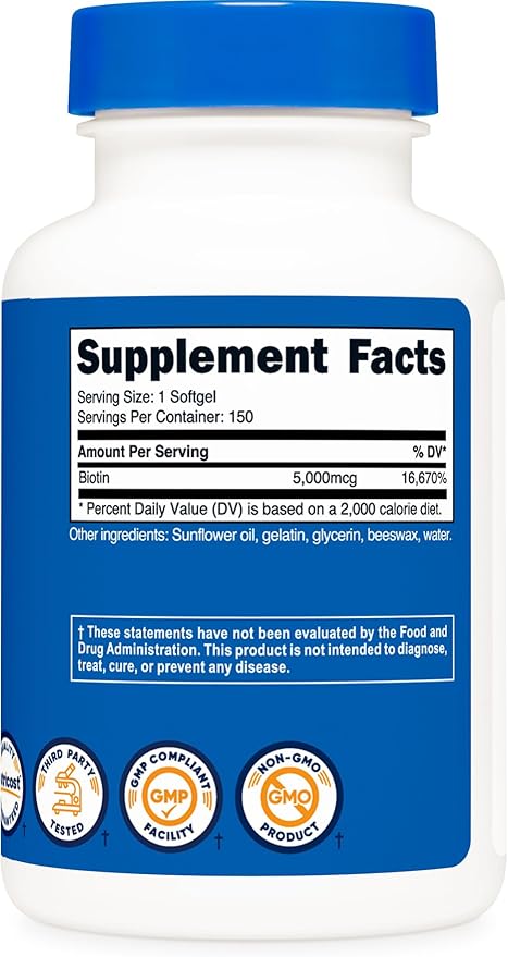 Nutricost Biotin (5,000mcg) 150 Softgels - Vitamin B7 - Gluten Free, Non-GMO