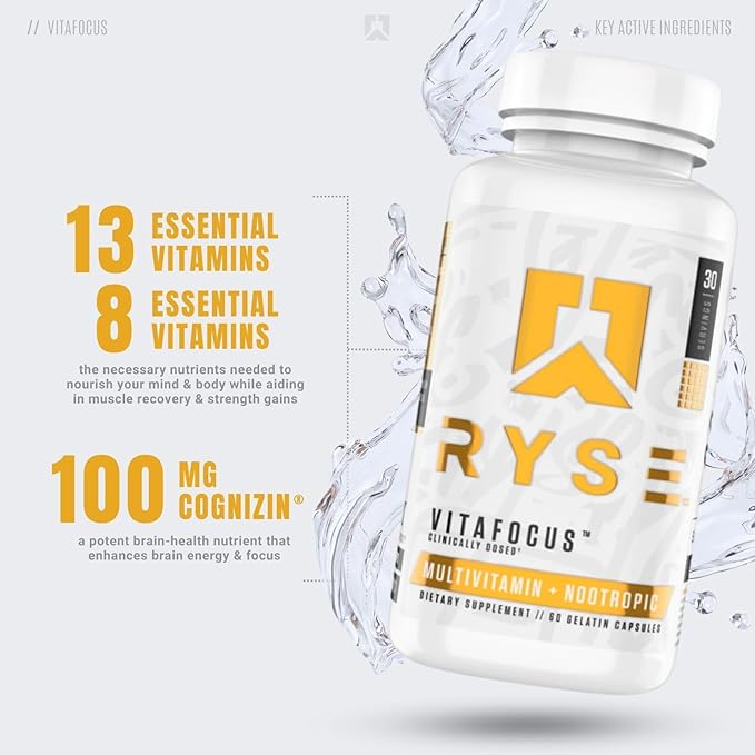 RYSE VitaFocus Brain & Body Supplement - Multivitamin & Nootropic - 13 Essential Vitamins, 8 Essential Minerals, and Cognizin for Cognitive Function, Focus, and Brain Support - 60 Capsules