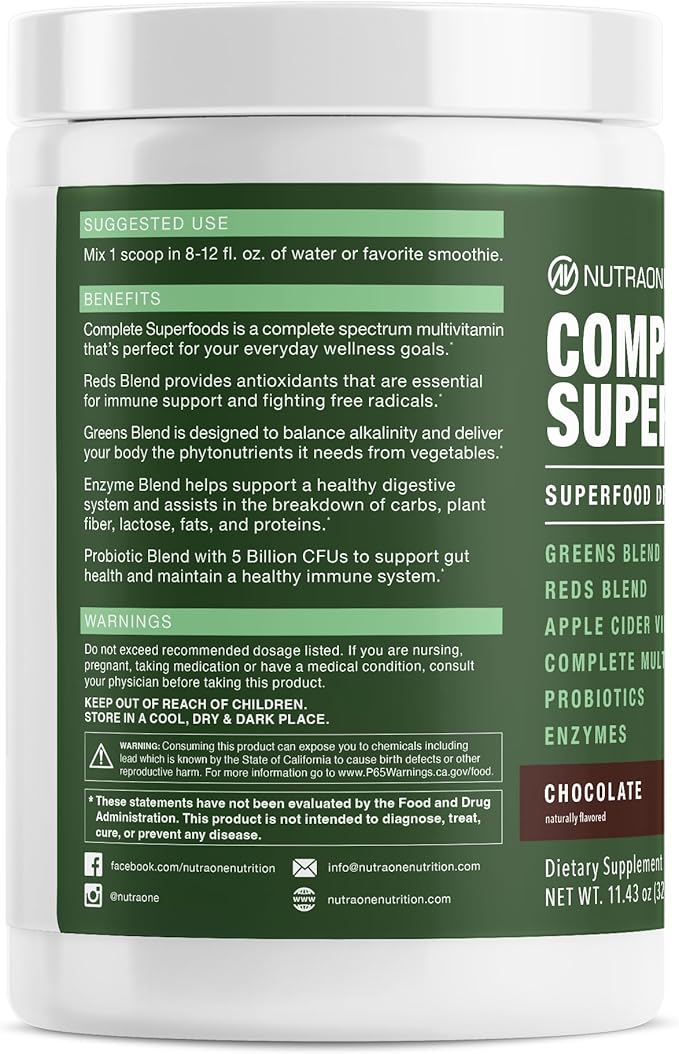 Complete Superfoods, Greens & Reds Blend*, Apple Cider Vinegar, Digestive Enzyme Blend*, Probiotic Blend*, Multivitamin* (Chocolate - 30 Servings)