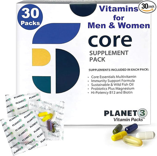 Planet 3 Vitamin Packs with Core Supplements | Heart, Eye and Immune Support with Elderberry Vitamin C and Zinc, Multivitamin, Omega 3, Vitamin D, Biotin, B12, Lutein, Daily Vitamins for Men and Women