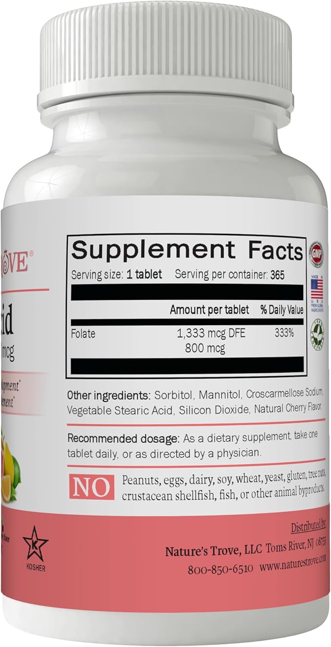 Nature's Trove Folic Acid 800 mcg (B9 Vitamin) 365 EZ Chew Tablets Cherry Flavor