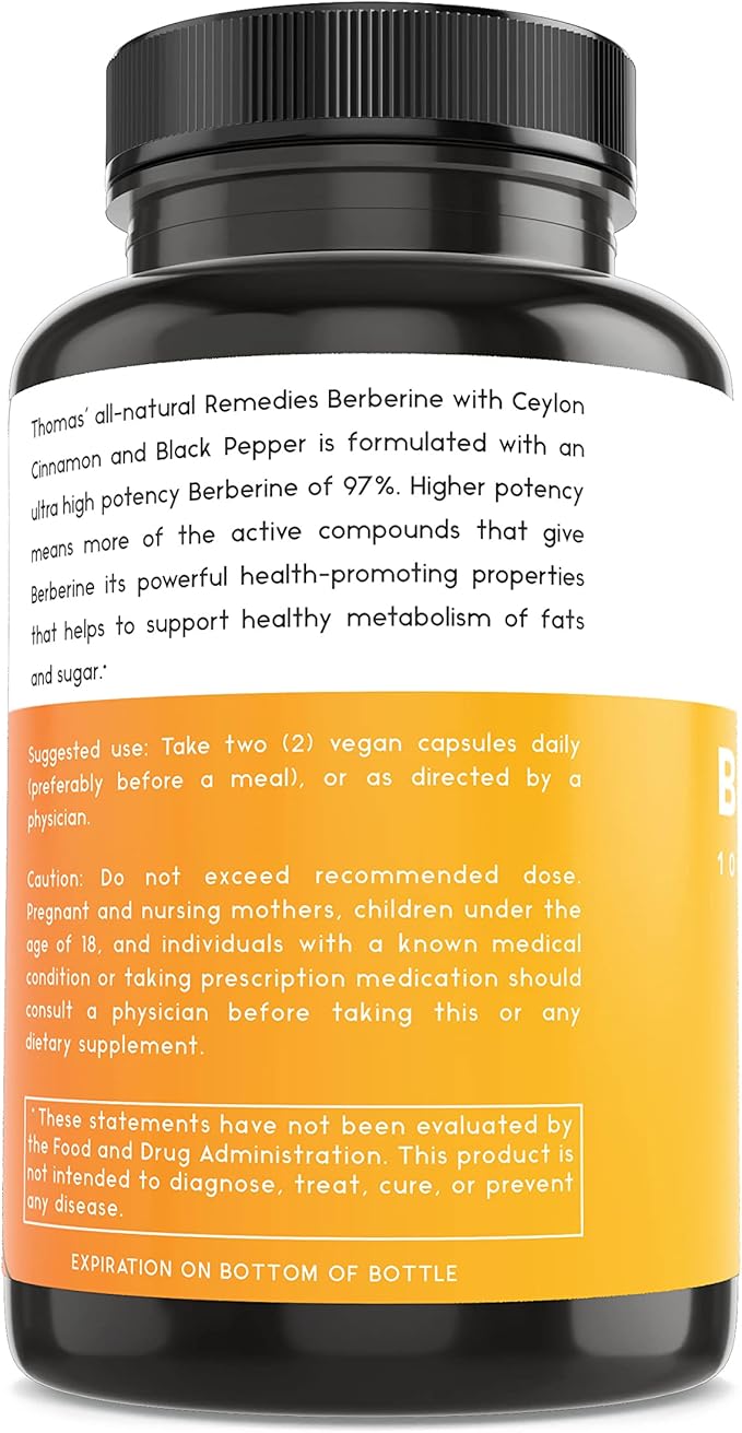Thomas' all-natural Remedies Berberine 500mg (1000mg Per Serving)- 120 Vegan Capsules- with Ceylon Cinnamon & Black Pepper- Supports Healthy Immune Function & Overall Wellness