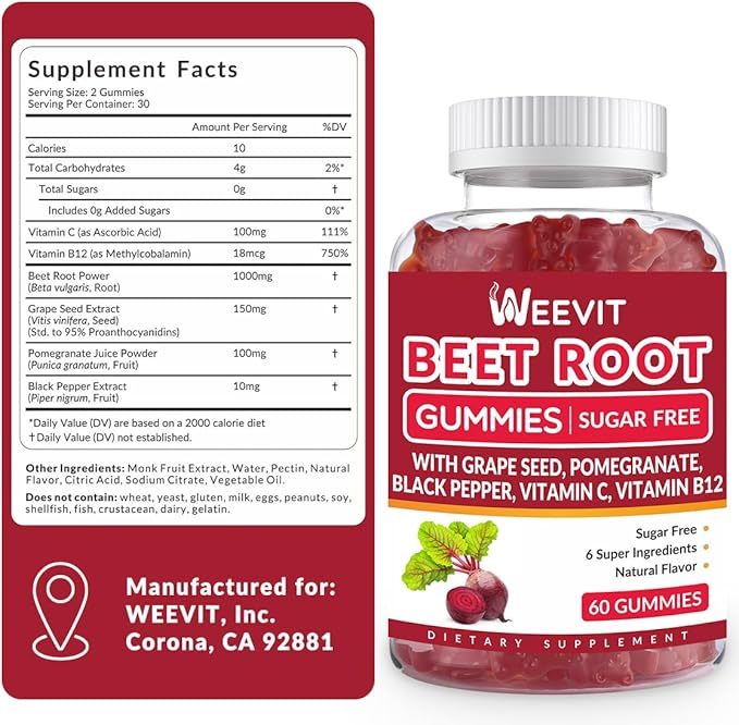 Sugar Free Beet Gummies with Grape Seed, Pomegranate, Black Pepper, Vitamin C, B12 | Nitric Oxide Booster for Men Women, Organic Beet Root Gummies