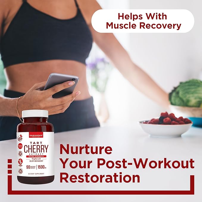 Tart Cherry Extract Capsules with Celery Seed Extract and Bilberry for Joint Support, Muscle Recovery, and Uric Acid Flush Support, Made in The USA - 90 Tart Cherry Capsules