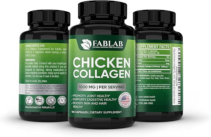 FabLab Chicken Collagen Type II Supplement - Nutritional Supplement for Joint, Nerve & Bone Support - Non-GMO, Anti-Aging Dietary Product with Hydrolyzed Peptides- 100 Capsules