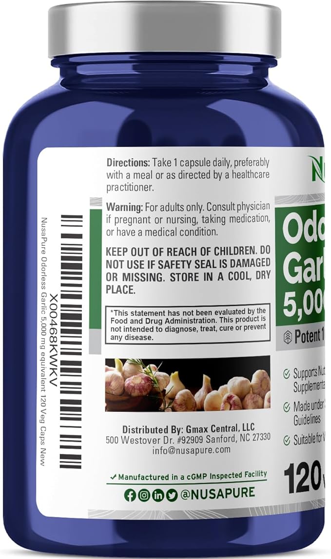 NusaPure Odorless Garlic 100:1 Extract, 50 mg Equivalent to 5000mg Capsule | 120 Veggie Caps | High Potency | Herbal Supplement | Non-GMO