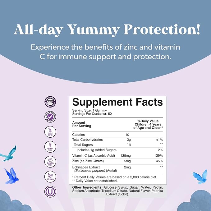 Kids Immunity Support Gummies - Delicious Vitamin C with Zinc and Echinacea Immune Booster Gummies for Kids - Vegan Gluten Free and Gelatin Free Chewable Gummy Vitamin Supplement for Children