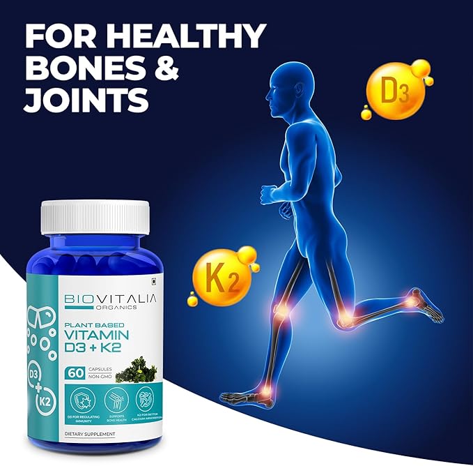 Biovitalia Plant Based Vitamin D3 + K2 60 Capsules for Men & Women | Dietary Supplement | Supports Immune System & Bone Health | Promotes Calcium Absorption - 60 Vegan Capsules
