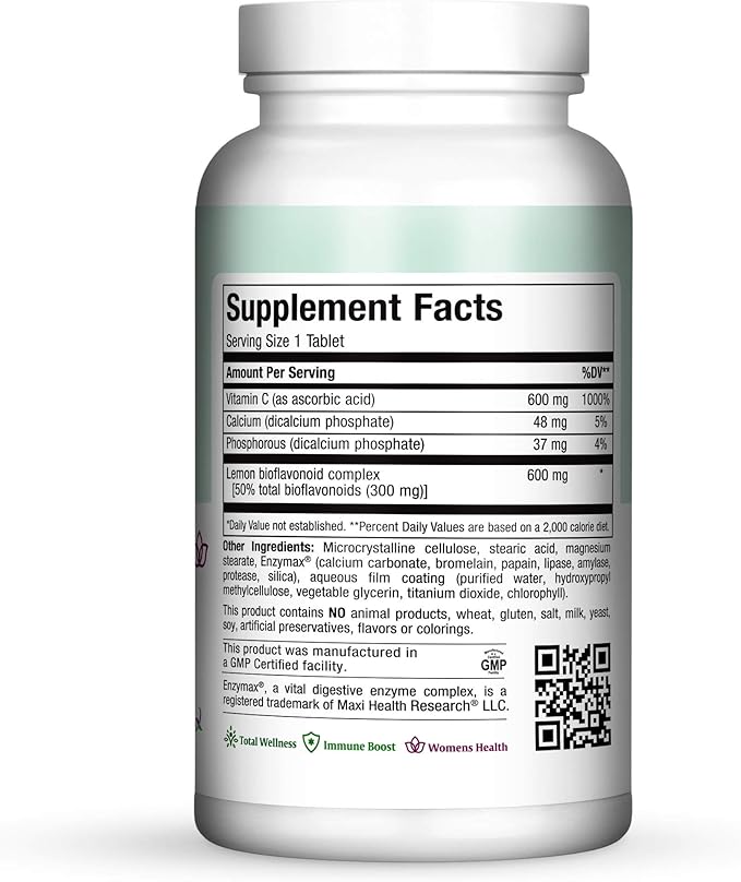 Maxi-Health Pure-C-Bio 600 - with Bioflavonoids - Immune & Capillary Support - 180 Tablets - Kosher