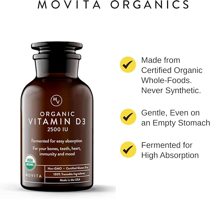 Movita Organic Vitamin D3 2500IU, Bottle Fermented Vitamin C 250mg Bottle