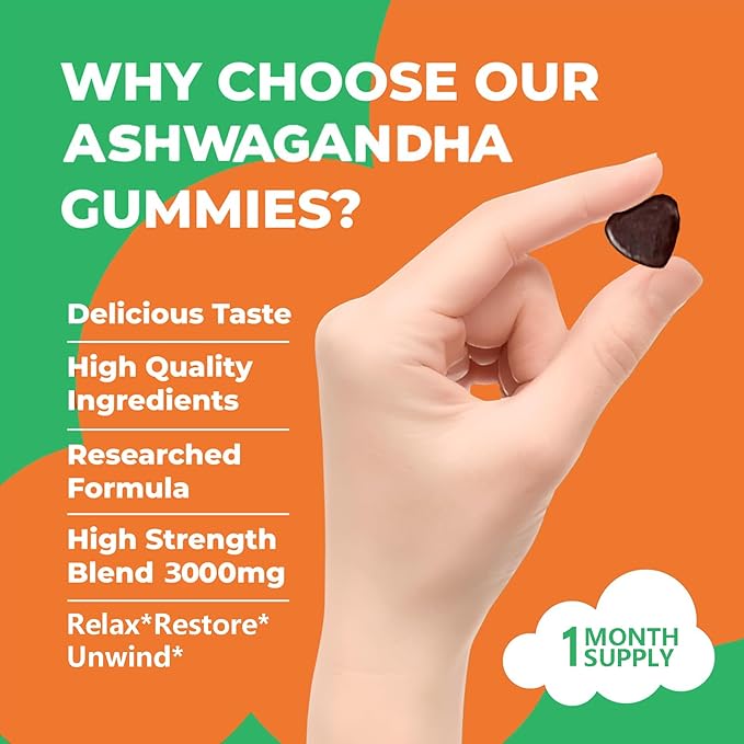 Ashwagandha Gummies 3000mg, Ashwagandha High Strength Root Extract Supplement with Vitamin D2 for Men Women, Strawberry Flavour 1 Months Supply 60 Gummies
