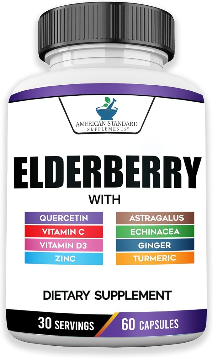 American Standard Supplements Elderberry Extract with Quercetin, Vitamin C, D3, Ginger, Zinc, Turmeric & Echinacea – Immune Support Supplement – – 60 Capsules