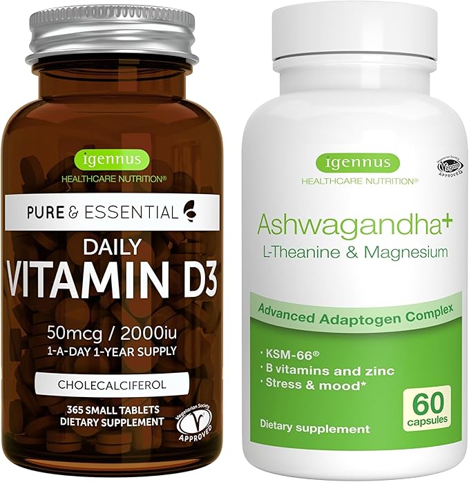 Daily Vitamin D3 + Ashwagandha+ L-Theanine & Magnesium Vegetarian Bundle, 365 2000iu Vitamin D3 Tablets + 600mg KSM-66 Ashwagandha with Zinc & B Vitamins, by Igennus