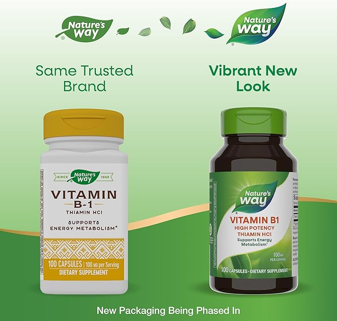Nature's Way Vitamin B1, High Potency, 100 mg Thiamin per Serving, Thiamin HCl, Supports Energy Metabolism*, Gluten Free, 100 Capsules (Packaging May Vary)
