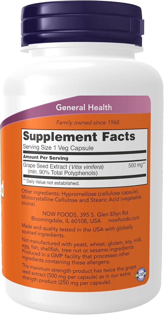 NOW Supplements, Grape Seed Extract, Maximum Strength 500 mg (a Highly Concentrated Extract with a Minimum of 90% Polyphenols), 90 Veg Capsules