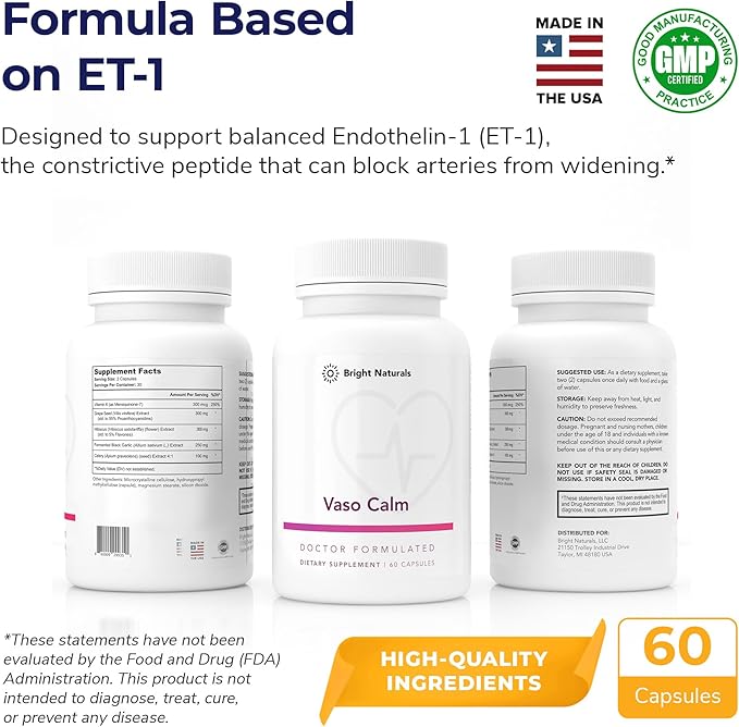 Vaso Calm - Healthy Blood Balance Supplement - Features Fermented Garlic, Celery and Grape Seed Extract, Hibiscus, and Vitamin K2 - Made in The USA