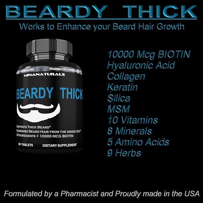 BEARDY Thick Beard Growth Vitamins for Men, B7 Biotin 10000 mcg, Keratin, Collagen, Silica, and 36 More. Grow Beard Thicker, Stronger. Facial Hair Growth Treatment. 60 Tablets