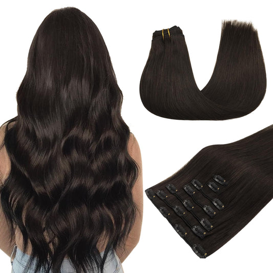 MAXITA Clip in Hair Extensions Real Human Hair, 16 Inch 7pcs 120g Dark Brown, Real Hair Extensions Clip in Human Hair Remy Straight Thick Hair Extensions for Woman